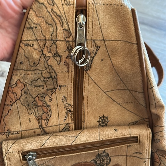 Vintage 90s Antique World Map Backpack Faux Leather 5 Pockets Tan Brown - Picture 2 of 15